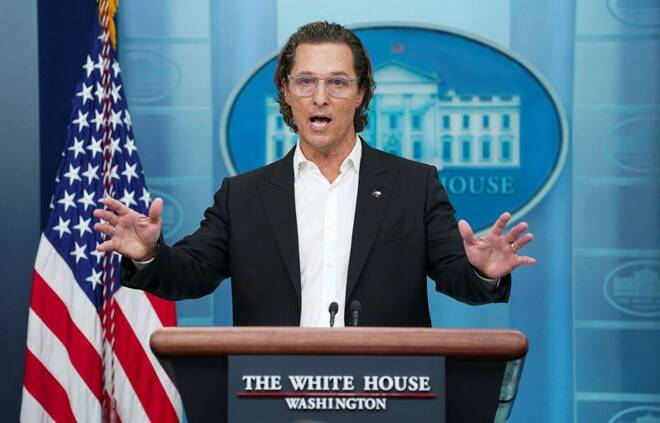 Actor Matthew McConaughey speaks to reporters about mass shootings during a press briefing at the White House in Washington