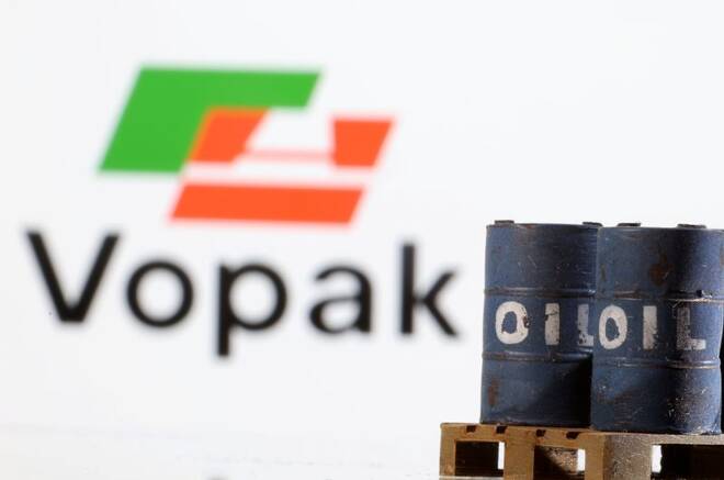 Illustration shows a model of 3D printed oil barrels in front of a Vopak logo displayed in Zenica