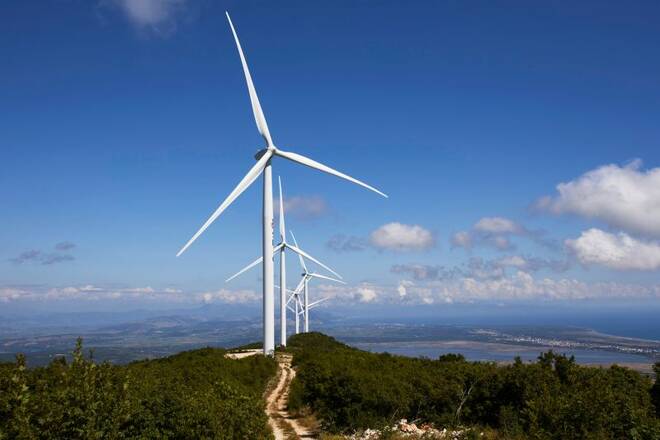 Wind turbines of the Mozura wind farm are seen in Ulcinj, Montenegro
