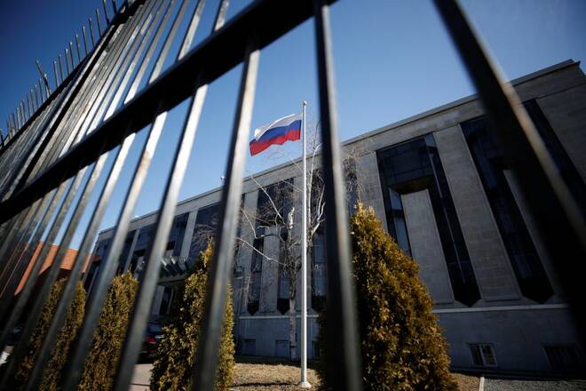 A flag is pictured outside the Russian embassy in Ottawa