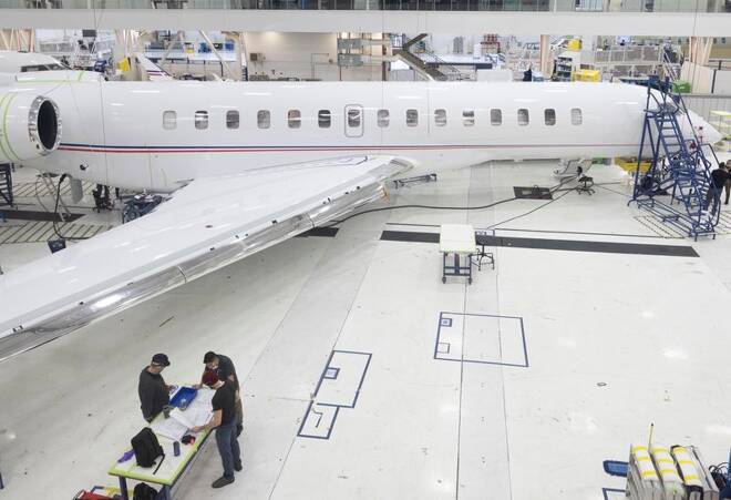 Bombardier employees work on delivery preparations of Global aircraft in Montreal