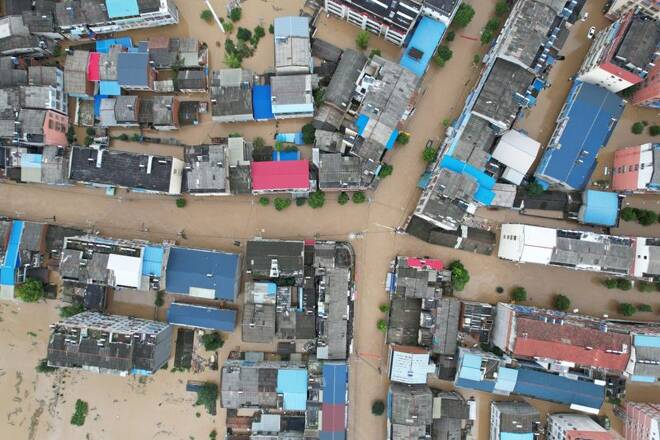 Aerial view shows the flooded town of Liulin following heavy rainfall in Suizhou