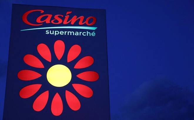 The logo of Casino supermarket is pictured in Cannes