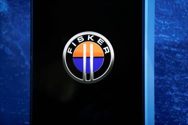 A view of a Fisker logo during the 2021 LA Auto Show in Los Angeles