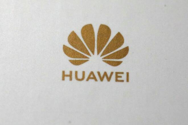 The Huawei logo is pictured in the Manhattan borough of New York
