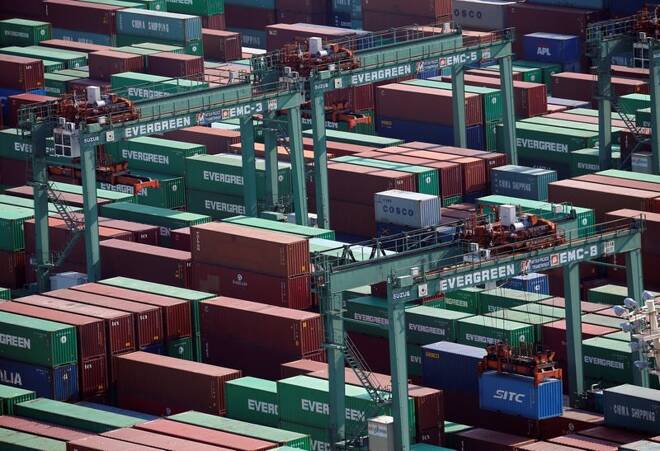 Shipping containers are seen at a port in Tokyo, Japan