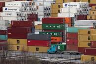A view shows stacked shipping containers in the port of Saint Petersburg