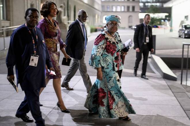 Director-General of the World Trade Organisation (WTO) Ngozi Okonjo-Iweala arrives at a final meeting during the World Trade Organization Ministerial Conference in Geneva