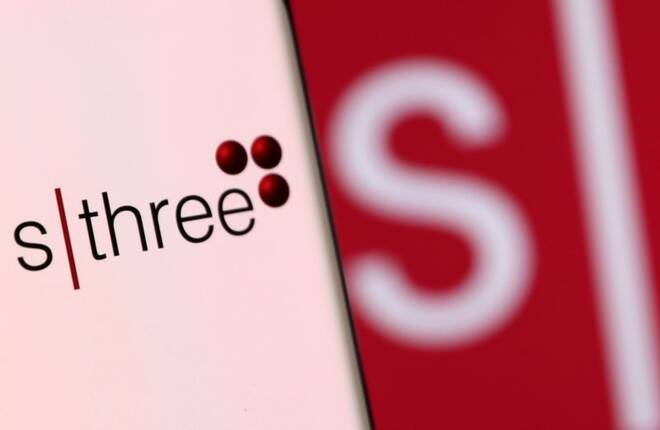 Illustration shows smartphone with SThree's logo displayed