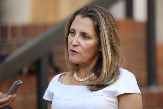 Candian Foreign Minister Chrystia Freeland speaks to journalists outside the U.S. Trade Representative's office in Washington