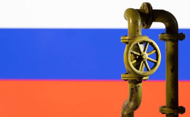 Illustration shows Russian flag and natural gas pipeline