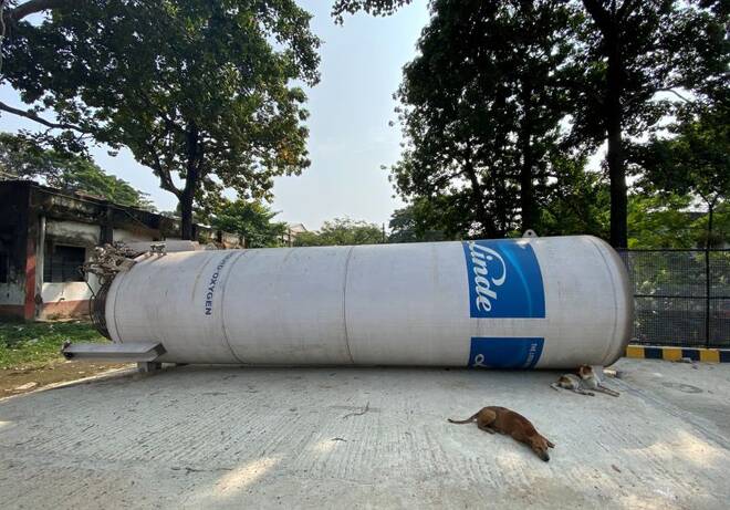 A Linde liquid oxygen storage tank lies on the ground waiting to be installed at a nearby platform in the Jawaharlal Nehru Medical College and Hospital in Bhagalpur