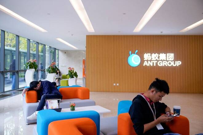 A logo of Ant Group is pictured at the headquarters of Ant Group, an affiliate of Alibaba, in Hangzhou