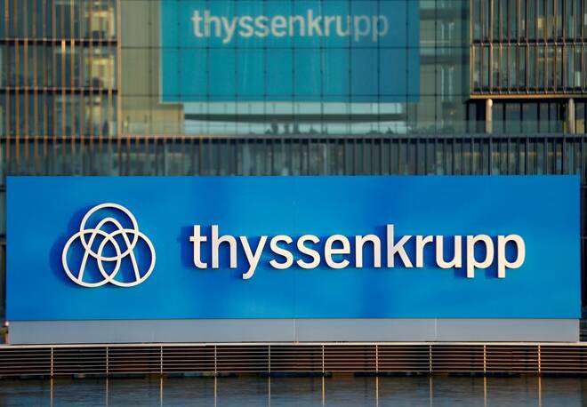 A logo of Thyssenkrupp AG is pictured at the company's headquarters in Essen