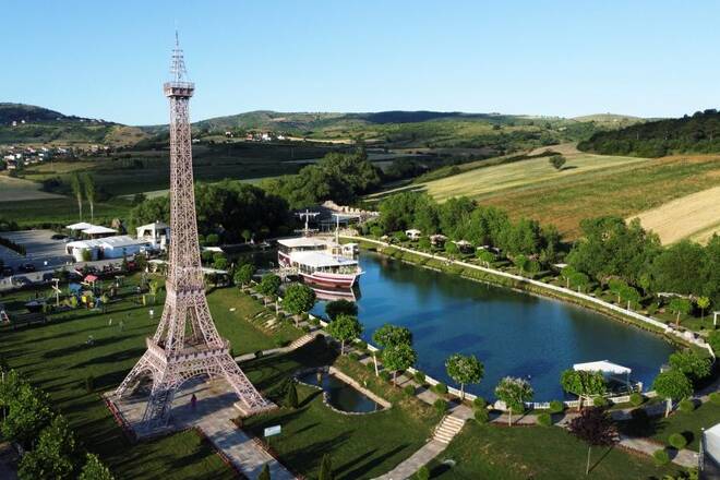 An aerial view shows an Eiffel Tower replica in Janjeve, near Pristina