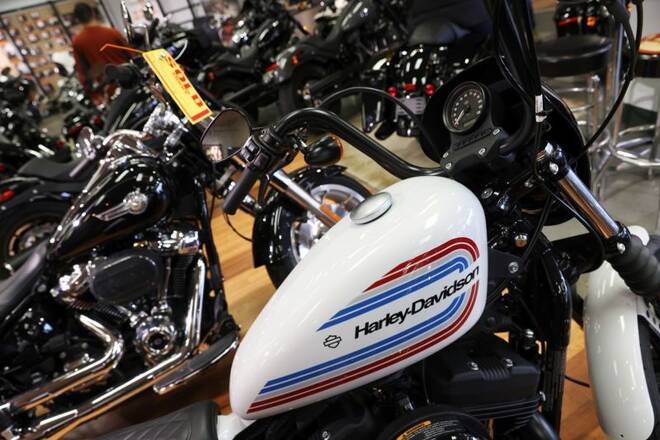 Harley-Davidson motorcycles are seen at a dealership in Queens, New York City