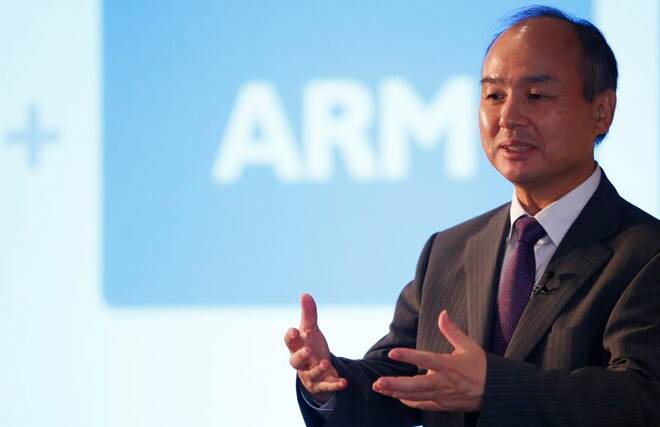CEO of the SoftBank Group Masayoshi Son speaks at a new conference in London