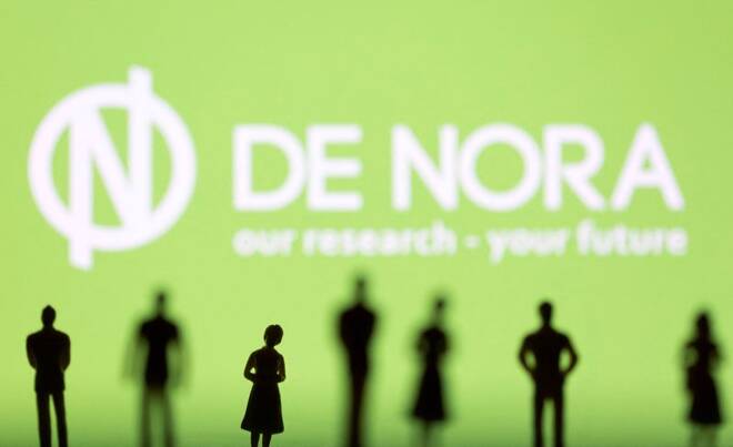Illustration shows figurines in front of De Nora logo