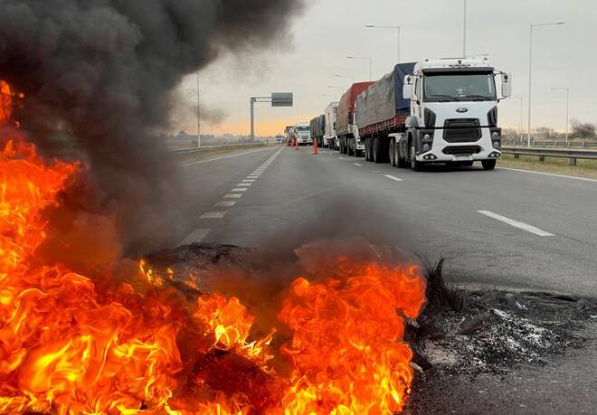 Argentine truck drivers block roads to protest against the shortages and rising prices for diesel fuel, in San Nicolas