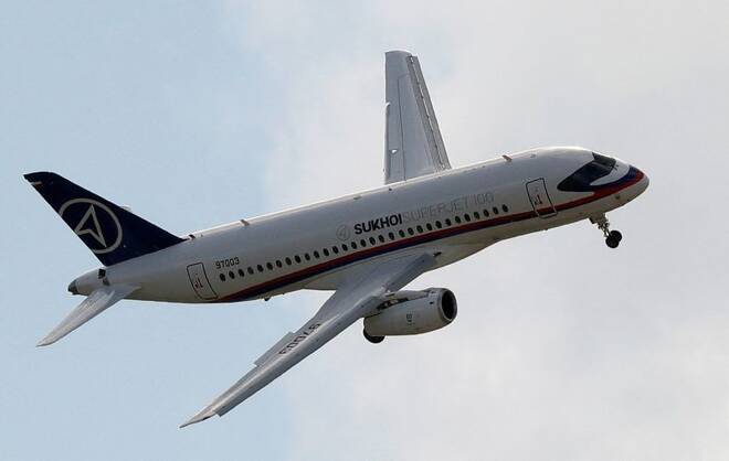 A Sukhoi Superjet 100 regional jet performs during a demonstration flight at the MAKS 2017 air show in Zhukovsky