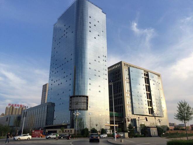 Buildings are seen at a new economic zone of Yulin