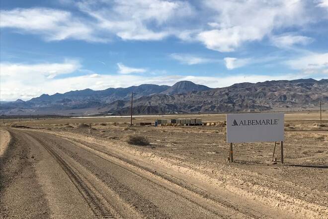 A sign at the approach road leads to Albemarle's lithium evaporation ponds at its facility in Silver Peak