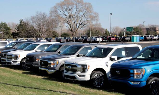 Newly manufactured Ford Motor Co. 2021 F-150 pick-up trucks are seen waiting for missing parts in Dearborn