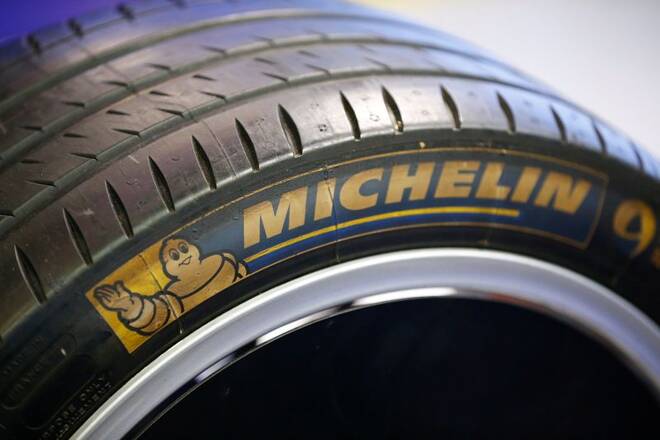 The logo of French tyre maker Michelin is seen on a tyre of a Formula E racing car