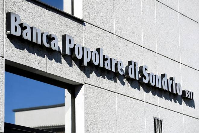 The logo of Banca Popolare di Sondrio bank is pictured outside a company's branch, in Monza