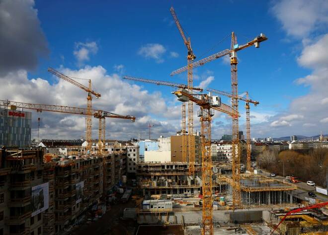 Cranes are pictured at a construction site in Vienna
