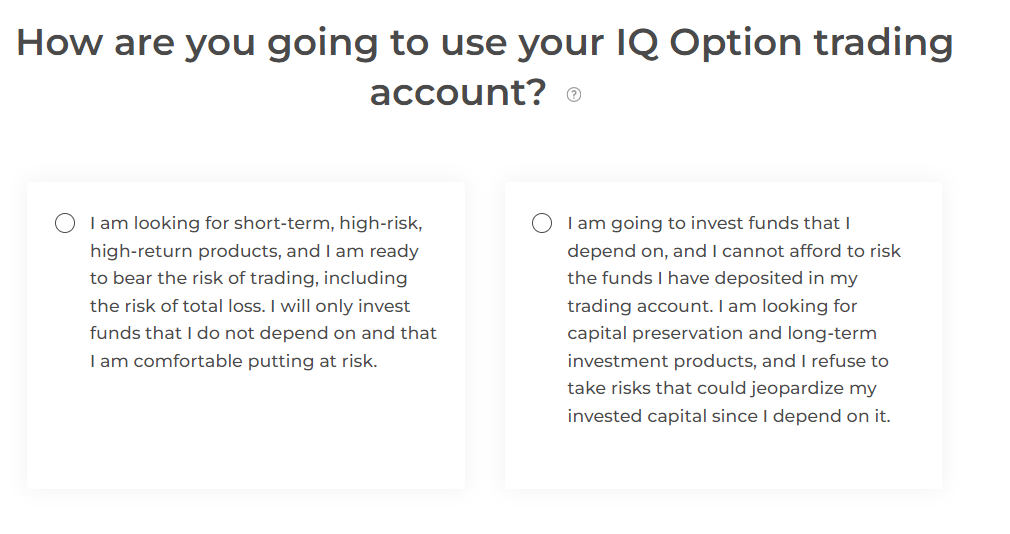 IQOption Europe Ltd’s risk disclaimer during account registration