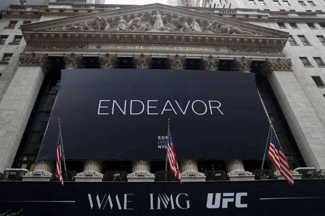 The Endeavor Group Holdings Inc. (EDR) logo hangs from the New York Stock Exchange on the morning of its public listing at the NYSE in New York City