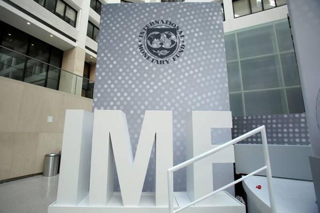 International Monetary Fund logo is seen inside the headquarters at the end of the IMF/World Bank annual meetings