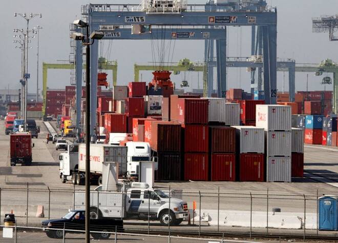 Cargo containers are seen at Port of Long Beach