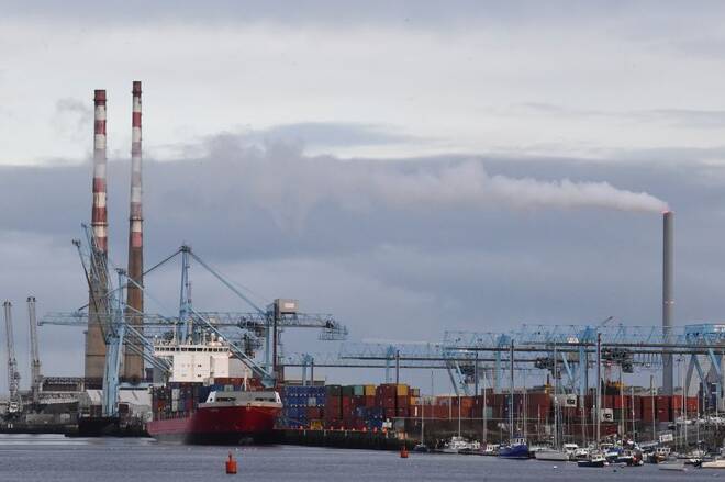 Cargo ship loading containers is seen at Dublin Port