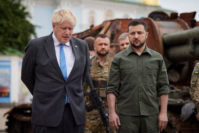 British PM Johnson and Ukraine's President Zelenskiy visit an exhibition of destroyed Russian military vehicles and weaponry in Kyiv