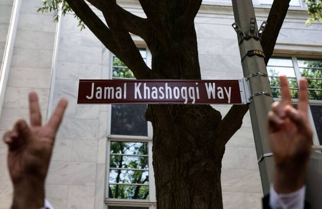 'Jamal Khashoggi Way' is unveiled outside of the Embassy of Saudi Arabia in honor of murdered Saudi born journalist Jamal Khashoggi in Washington