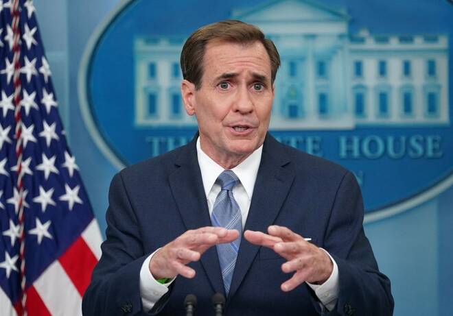 John Kirby speaks at a press briefing at the White House in Washington