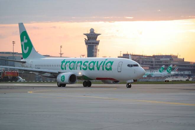 A Transavia aircraft is seen during a first flight ceremony as Orly Airport resumes duty following the coronavirus disease (COVID-19) outbreak in Orly