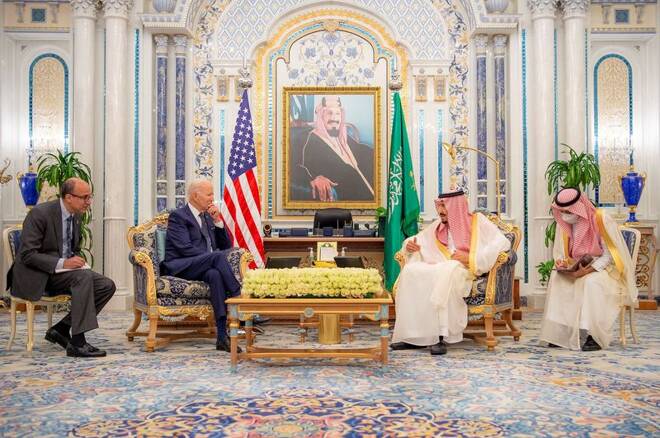 Saudi King Salman bin Abdulaziz receives U.S. President Joe Biden at Al Salman Palace upon his arrival in Jeddah
