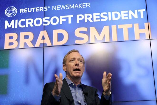 Microsoft President Brad Smith speaks during a Reuters Newsmaker event in New York
