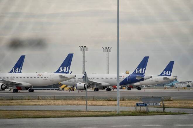 SAS aircraft is parked on the ground during a pilot strike at Copenhagen Airport