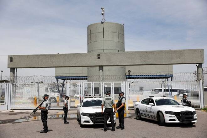 Members of the National Guard stand outside Altiplano Federal Penitentiary, where drug lord Rafael Caro Quintero is imprisoned in Almoloya de Juarez