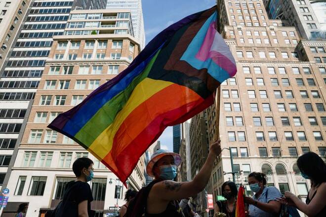 People participate in the "NYC Dyke March" in Manhattan in New York City