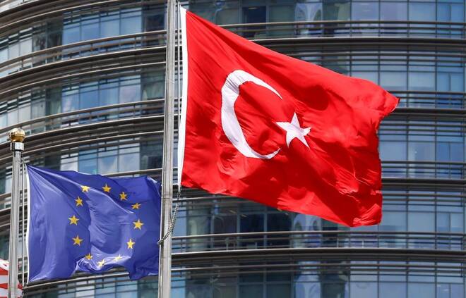 European Union and Turkish flags fly outside a hotel in Istanbul