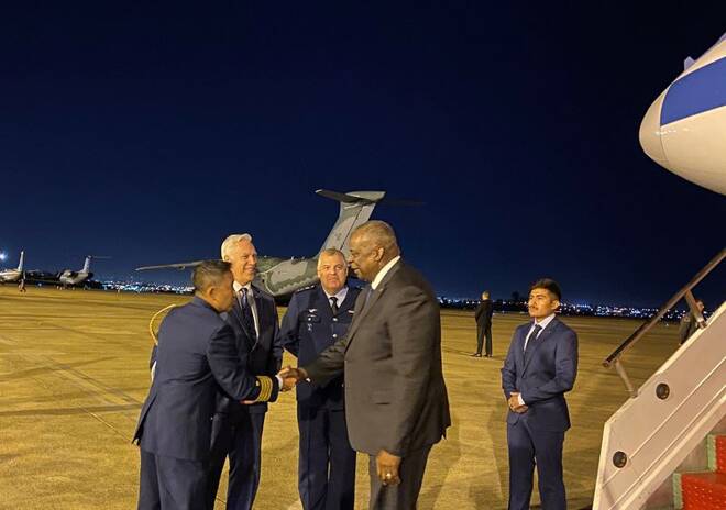 U.S. Defense Secretary Lloyd Austin is greeted upon landing in Brasilia, for a regional defense meeting