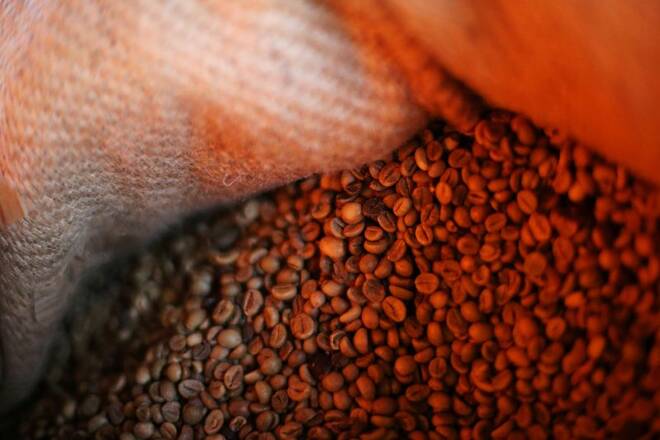 Coffee beans are pictured inside a sack at a plantation in Tepezonapa