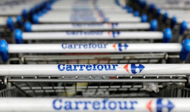 The logo of France-based food retailer Carrefour is seen on shopping trolleys in Sao Paulo