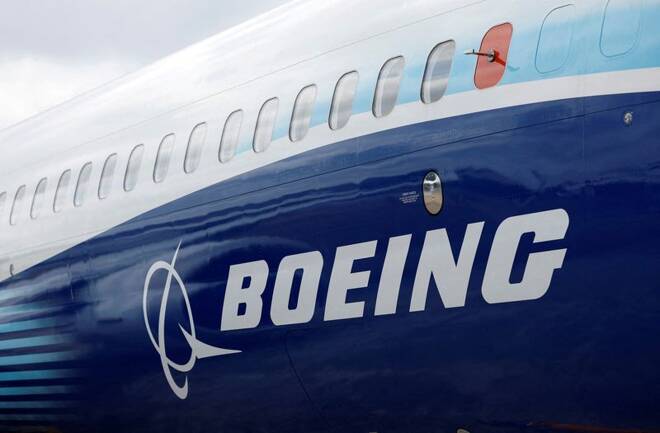 The Boeing logo is seen on the side of a Boeing 737 MAX at the Farnborough International Airshow