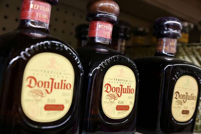 Bottles of Don Julio tequila, a brand of Diageo, are seen for sale in Manhattan, New York City